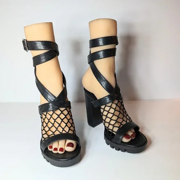 Cape Robbin Black Netted Strappy Chunky High Heels - Picture 9 of 13
